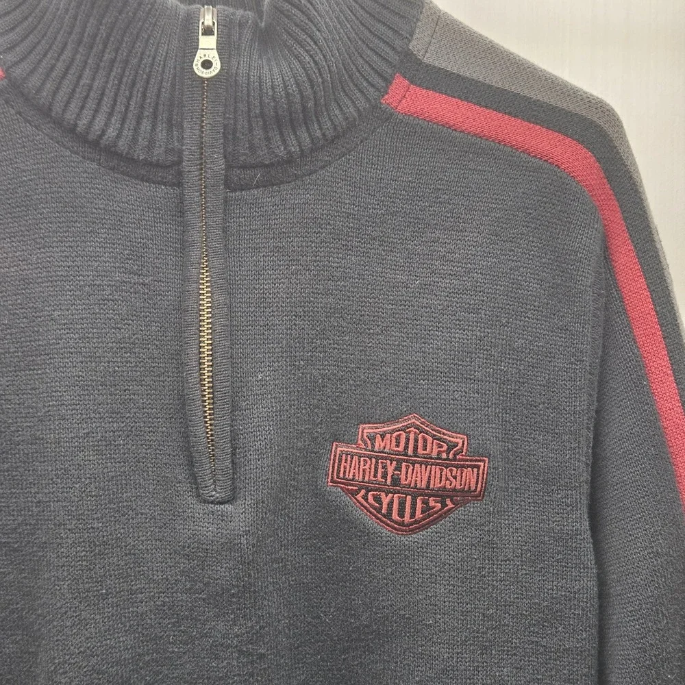 Harley-Davidson Mens Black Cotton 1/4 Zip Sweater Logo Sleeve Stripe Large L